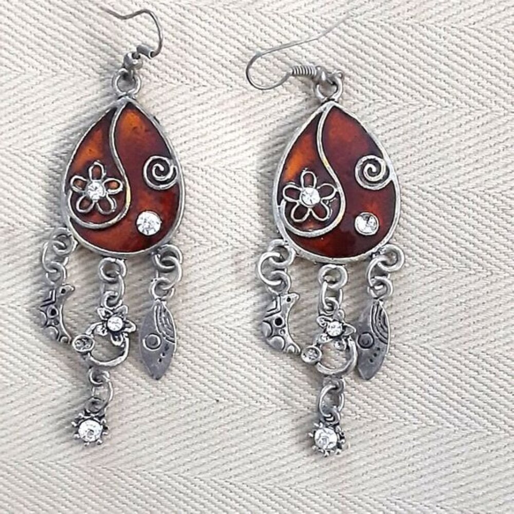 Celestial silver tone 2" drop earrings neutral tones enamel moon floral